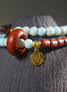 非洲紫檀双拼双圈手链血檀桶珠异形珠手串新中式国风简约佛珠