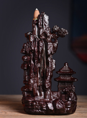 黑檀高山雨亭木雕倒流香大小摆件家居书房桌面装饰红木工艺品小件