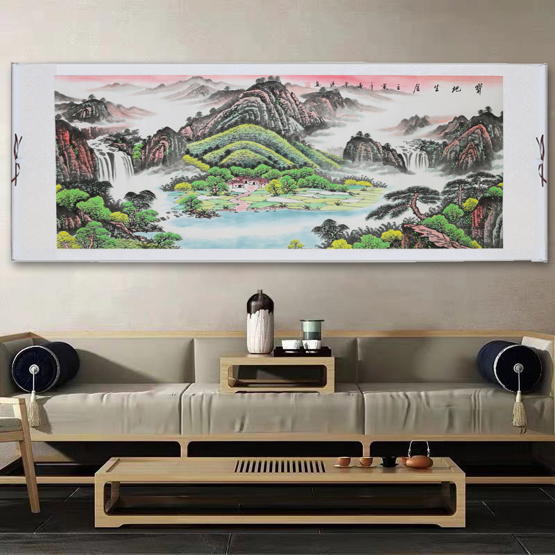 客厅沙发国画字画旭日东升风景山水装饰画中堂画客厅卷轴挂画靠山