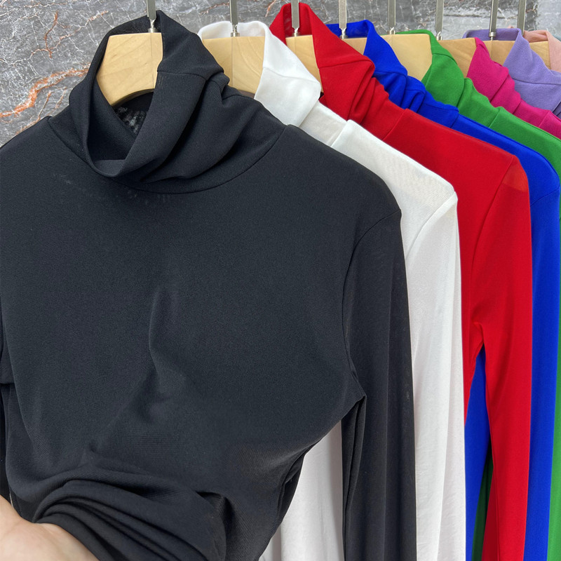 女士小众设计感高品质高领加绒网纱修身显瘦秋冬新款长袖t恤女装 - 图0