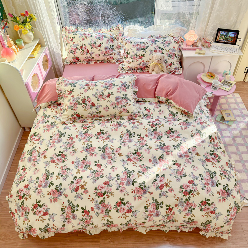 100%纯棉四件套床上用品1.8米床全棉被套床单被罩家用花边款4件套