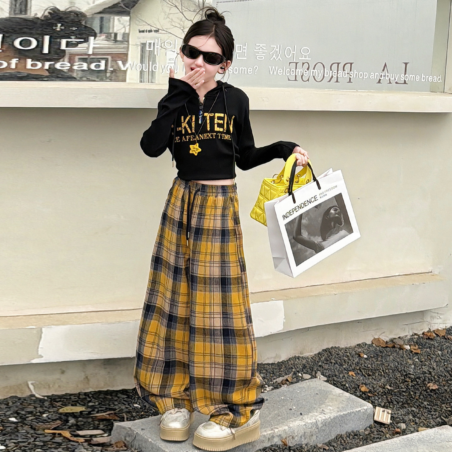 女童超好看格子阔腿裤套装2026新款女大童韩系打底衫儿童直筒裤子,淘宝优惠券,粉丝福利购,淘宝优惠卷