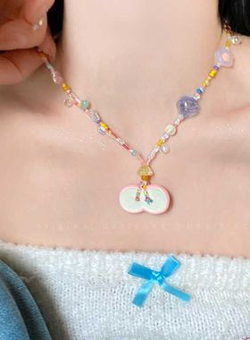 进口彩色多巴胺串珠苹果项链女小清新可爱甜美风锁骨链小众设计