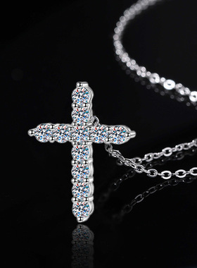 进口跨境S925纯银满钻莫桑钻十字架项链叠戴吊坠嘻哈韩版高级感