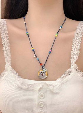 进口卡通可爱猫咪吊坠项链女彩色抽拉绳长款串珠毛衣链小众设计