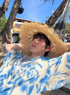 进口蓝色度假风沙滩短袖衬衫男生海边穿搭夏季薄款冰丝古巴领衬衣
