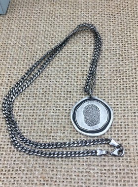 复古做旧999纯银项链刻字指纹不规则圆牌粗矿型男猛男定制刻照片