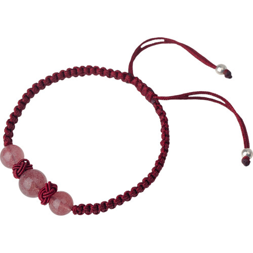 天然草莓晶手链女款情侣手链一对情侣款编织手绳男粉水晶礼物饰品 - 图0