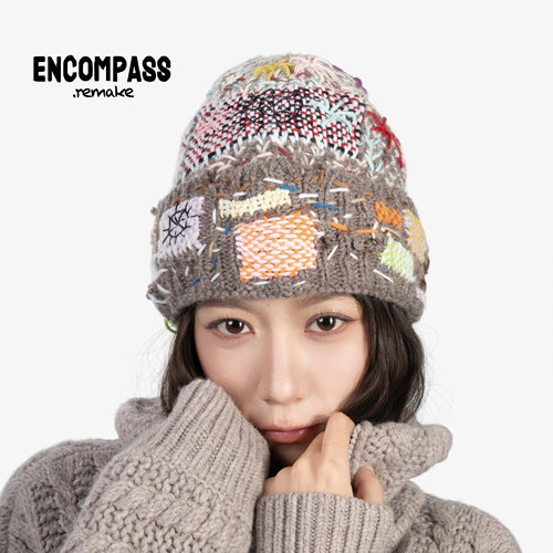 ENCOMPASS Remake 废土风复古摇滚Y2K破坏手工缝制撞色男女毛线帽 - 图1