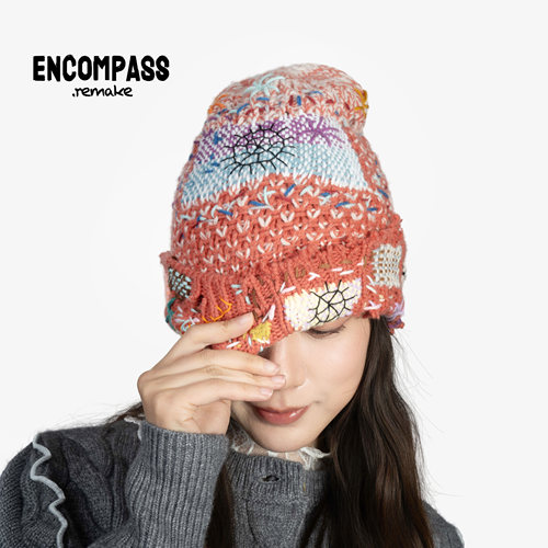 ENCOMPASS Remake 废土风复古摇滚Y2K破坏手工缝制撞色男女毛线帽 - 图3