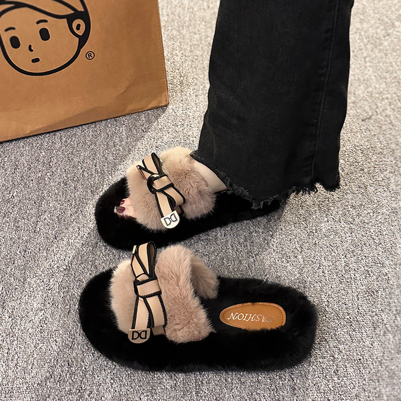 欧货爆款毛毛拖鞋女外穿2025新款秋冬厚底蝴蝶结家用室内一字棉拖,淘宝优惠券,粉丝福利购,淘宝优惠卷