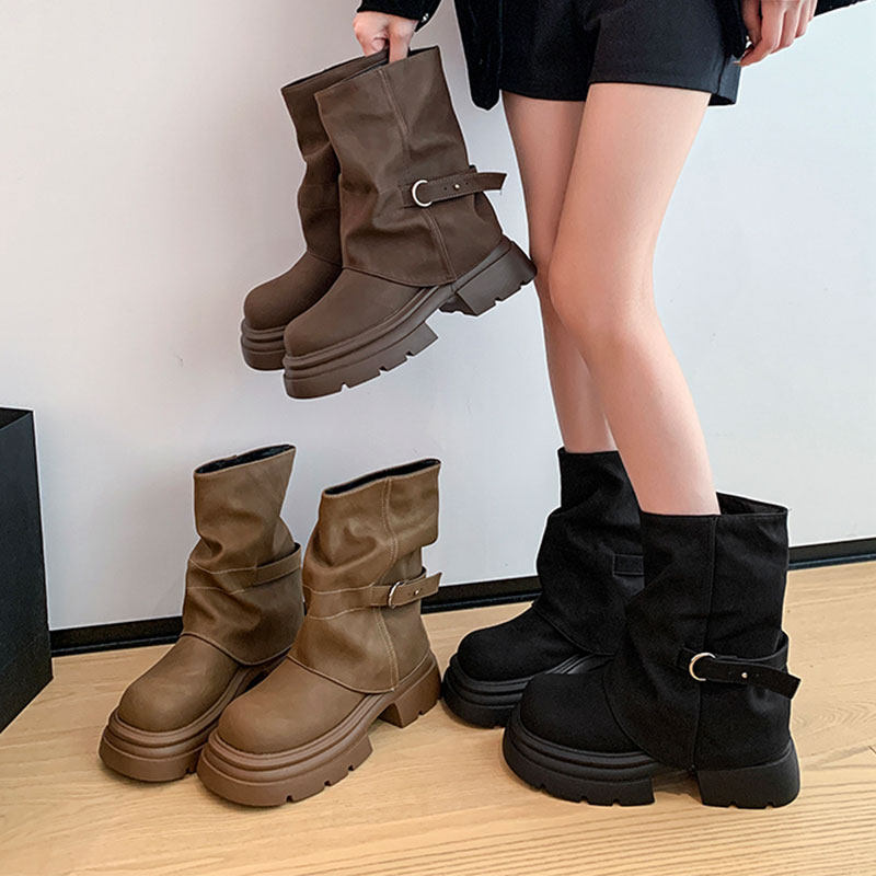 厚底增高马丁靴女2025新款春秋季复古棕色美拉德堆堆靴短筒裤管靴,淘宝优惠券,粉丝福利购,淘宝优惠卷