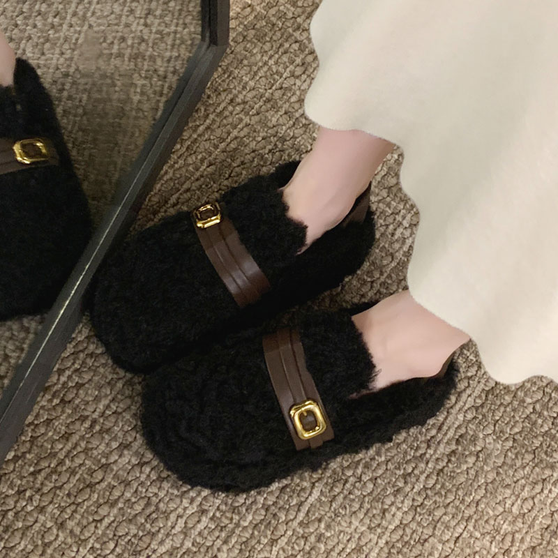 两穿毛毛鞋女2025年新款秋冬季厚底增高皮带扣加绒保暖一脚蹬棉鞋 - 图2