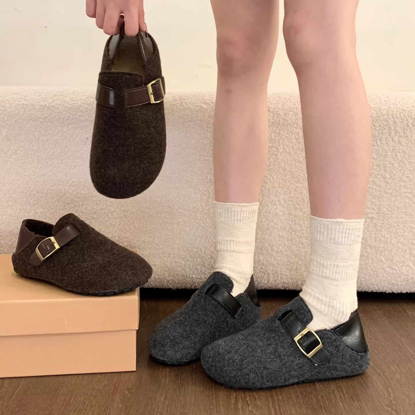 内增高毛呢加绒勃肯鞋女2025秋冬新款复古一脚蹬保暖雪地靴棉鞋子,淘宝优惠券,粉丝福利购,淘宝优惠卷