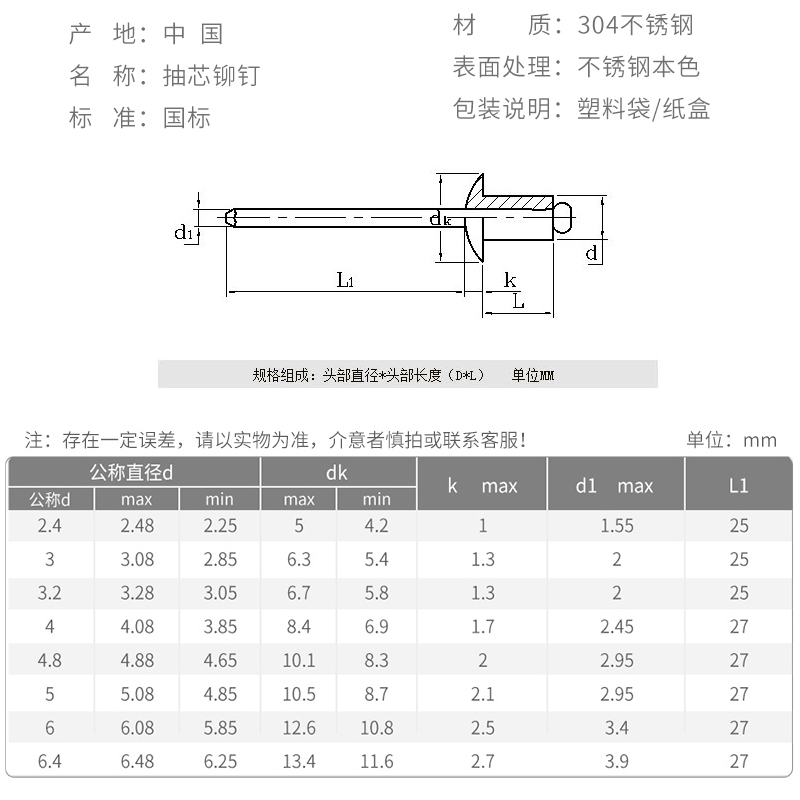 M3.2M4M5M6.4 铆钉304不锈钢抽芯铆钉圆头拉钉卯钉抽芯装潢拉铆钉 - 图0