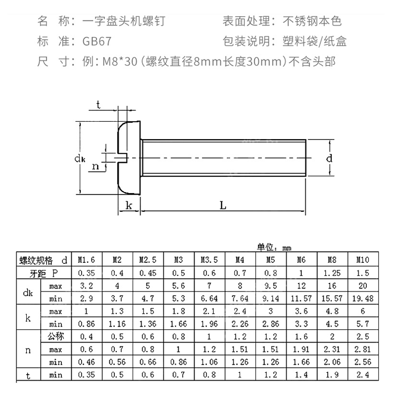 M1.6M2M3M4M5M6M8不锈钢304一字圆柱头螺钉开槽圆头螺丝GB65螺栓