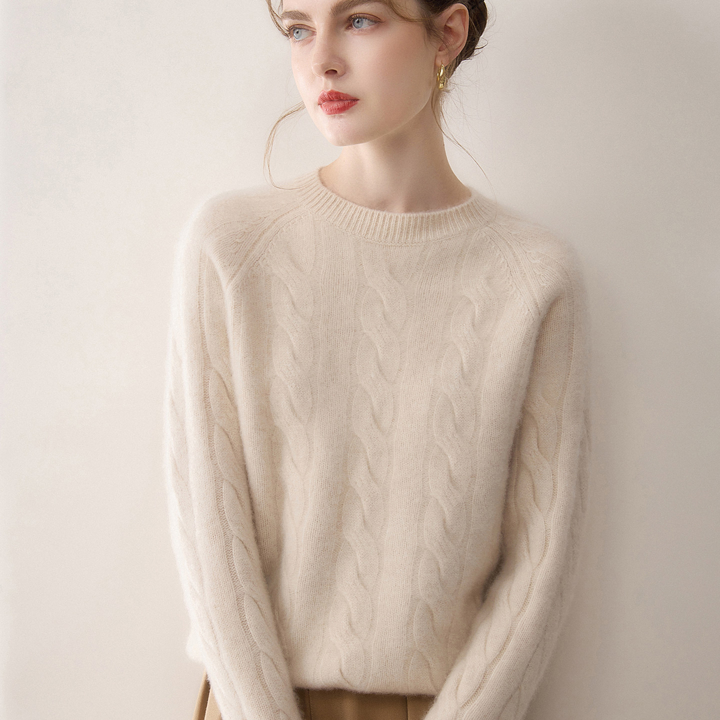 新年红！扭花圆领100%纯山羊绒衫女时尚套头长袖显瘦百搭打底毛衣,淘宝优惠券,粉丝福利购,淘宝优惠卷