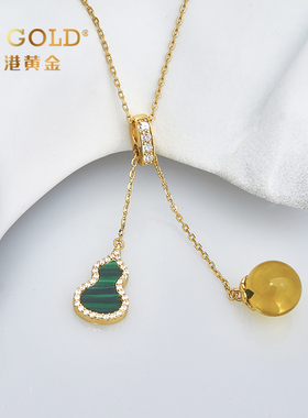 HK GOLD香港黄金 S925银蓝珀孔雀石锆石葫芦项链HK0051