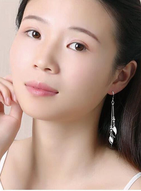 精品纯银耳钩耳圈耳环女长款流苏双叶耳坠日韩新潮时尚网红耳饰品