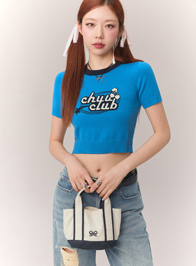 CHUU字母蝴蝶结刺绣手提包女2026年春秋新品撞色拼接帆布袋小包包