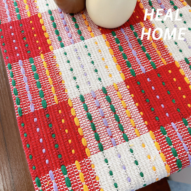 复古红白格编织流苏棉线长条桌旗桌布茶艺餐垫桌垫派对拍照道具布,淘宝优惠券,粉丝福利购,淘宝优惠卷