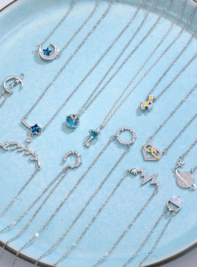 森系蓝色人鱼泪项链女抖音同款人鱼猫咪锁骨链轻奢仙气项链批发