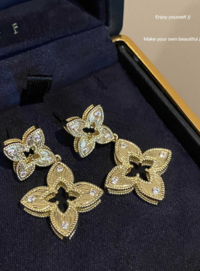 18K真金电镀轻奢锆石条纹菱形镂空花朵项链时尚高级感精致项饰女