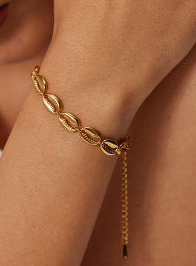 跨境夏日海滩度假海洋元素手链女钛钢空心贝壳18kPVD不掉色防水