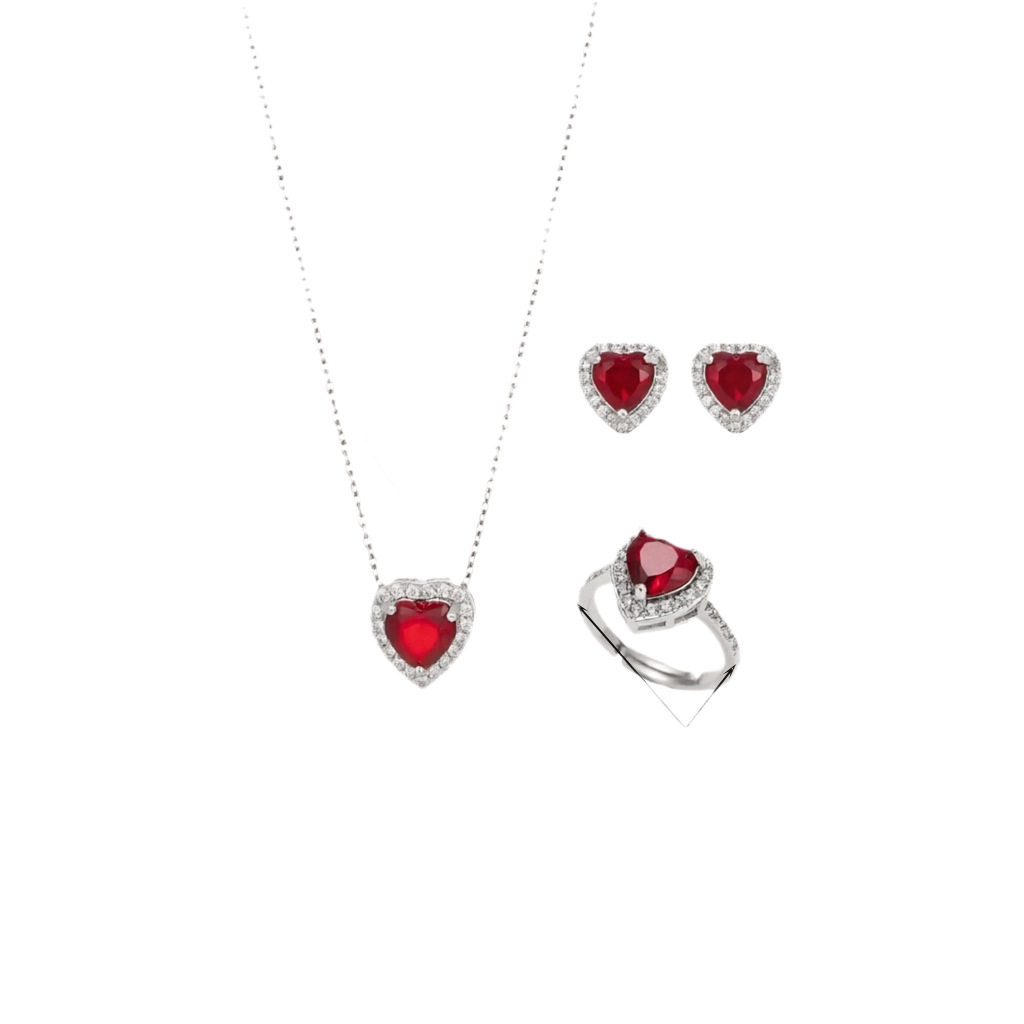 Cross-border new micro-paved zircon love heart three-piece set necklace ring earrings women's fashion light luxury heart-shaped jewelry wholesale