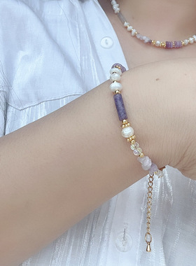 天然淡水珍珠天然石紫琉璃手链新中式清透水晶手环不规则串珠手串