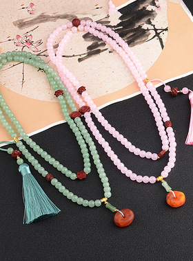 新中式朱砂串珠长款项链玛瑙项链串珠配古风旗袍毛衣链配饰民族