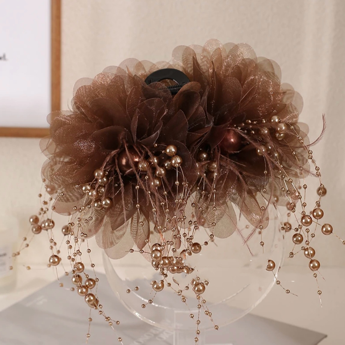 轻奢百搭花朵流苏羽毛手工发夹韩式鲨抓夹轻奢百搭花朵流苏珠珠 - 图0