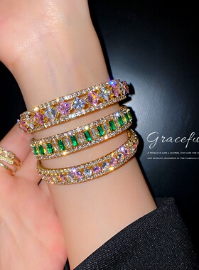 欧美时尚夸张个性满钻手镯春季新款正方形钻手环网红设计感手饰女