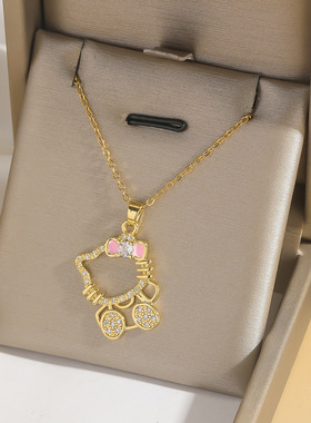 项链女网红蝴蝶结猫咪个性气质满钻铜吊坠百搭锁骨链钛钢链条