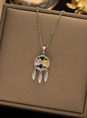 【钛钢】高级感花朵幸运草吊坠跨境轻奢满钻项链女百搭锁骨链饰品