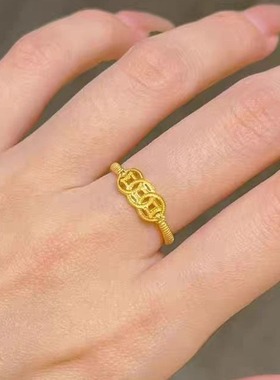 金钱币有钱在手戒指 黄铜镀金仿真金活口指环女款时来运转手饰