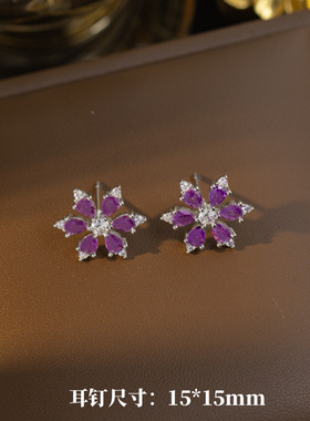 秋冬新款闪钻紫色雪花项链女耳钉戒指轻奢小众设计满钻毛衣链批发