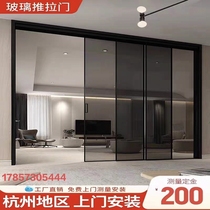 Custom balcony Living room Kitchen Pushing Ramen Hanger Rail Triple Linkage Extremely Narrow Rim Ultra White Long Iridescent Tempered Glass moving door