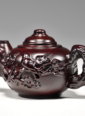 黑檀木雕茶壶摆件实木雕刻把把壶客厅梅花鸟桌面装饰工艺品手把件