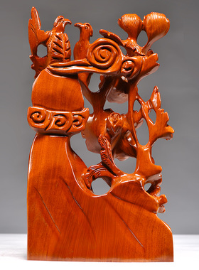 花梨木雕花好月圆摆件实木雕刻