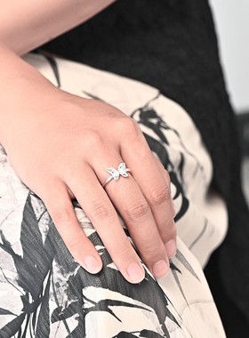 进口S999银双层蝴蝶戒指素戒女时尚食指日常百搭小众开口韩版清