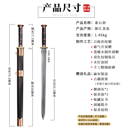 龙泉古越剑铺花纹钢汉剑一体唐剑传统剑长剑双槽宝剑防身未开刃 - 图1