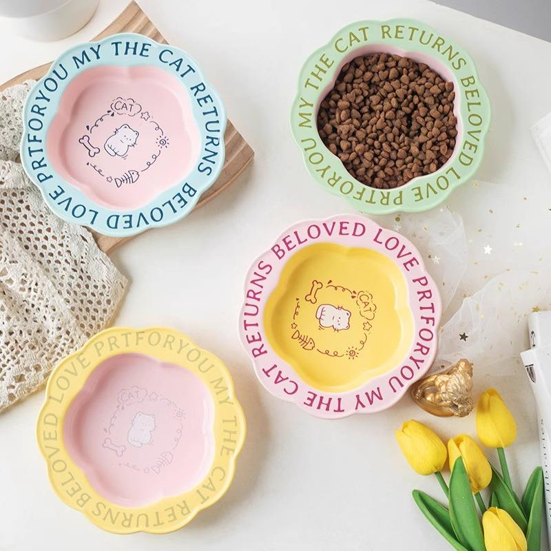 多巴胺陶瓷竹架宠物碗饭盆狗粮碗猫碗高脚防打翻喂水盆花边可爱碗 - 图0