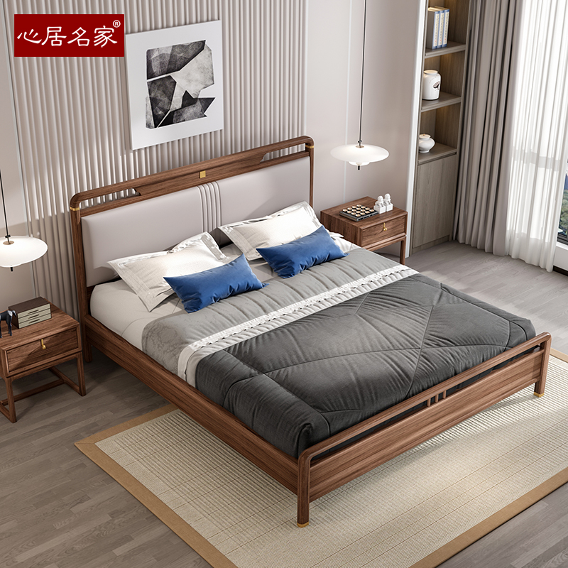 心居名家新中式实木床进口楠木卧室家具主卧双人1.8米真皮软靠背-图3