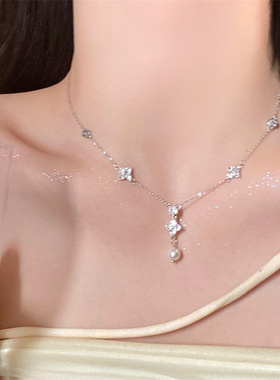 四叶花锆石珍珠项链女