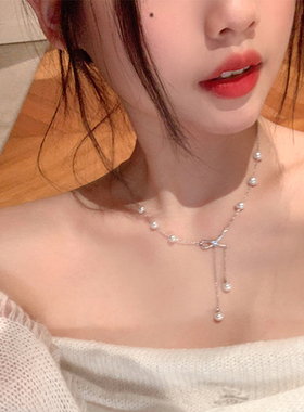 蝴蝶结闪钻项链女珍珠流苏锁骨链