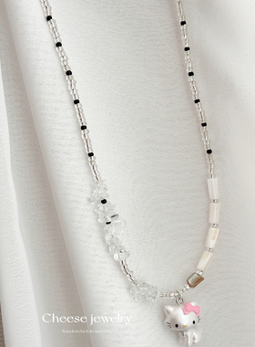 奶酪cheese黑白米珠白水晶贝母多材质混合项链  甜美俏咪手作项链