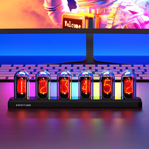 IPS拟辉光管时钟RGB桌搭装饰电竞房电脑桌面摆件LED数字台钟礼物 - 图1