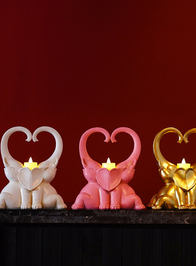 欧式发光情侣象蜡烛台摆件树脂工艺品创意家居客厅餐厅可爱动物