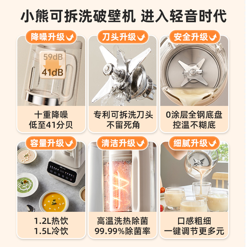 小熊家用可拆洗低音破壁机全自动加热多功能豆浆机可预约料理神器